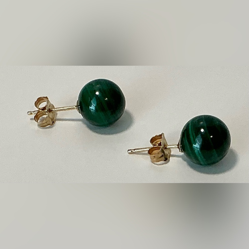 Malachite & 14K Gold Stud Earrings. Stunning Colors. Butterfly Backs. Estate/VTG